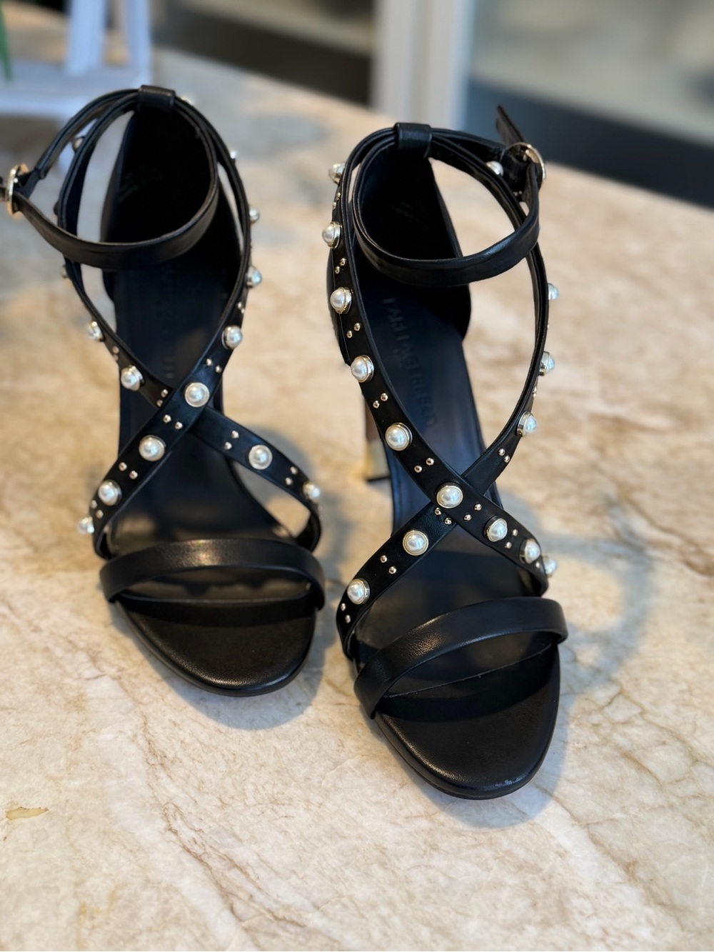 Karl Lagerfeld Black Pearl-Stud Crisscross High Heels